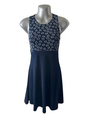 Vintage La Belle Navy Daisy Fit Flare Dress Sleeveless M USA
